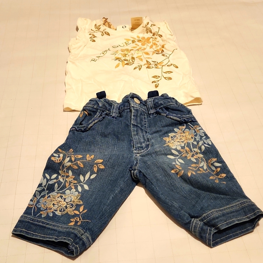 Baby Guess size 24m shirt & blue capri jeans w/ gold floral design. BRAND NEW!
